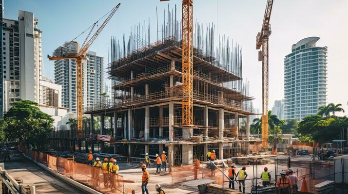 construction site with cranes and building under construction panoramic view generative ai photo